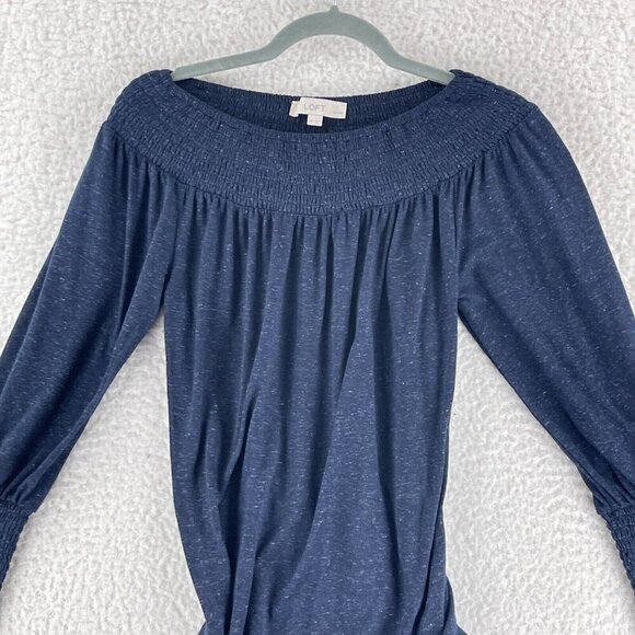 LOFT Blue Smocked Off The Shoulder Dress Womens Long Sleeve Pullover Size SP - Picture 2 of 16